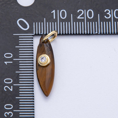 18K Gold Filled 24mm Clear CZ Embedded Tiger Eye, Rose Quartz, Turquoise, Amazonite Gemstone Navette Charm | AK127 AK128