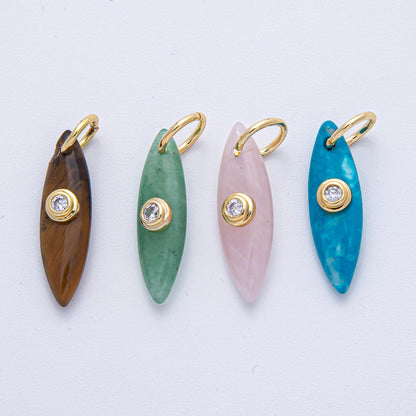18K Gold Filled 24mm Clear CZ Embedded Tiger Eye, Rose Quartz, Turquoise, Amazonite Gemstone Navette Charm | AK127 AK128