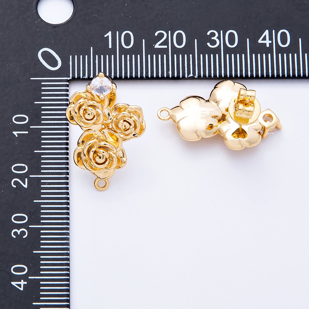 18K Gold Filled 24mm Clear CZ Rose Flower Loop Drop Stud Earring Findings | Findings-00075