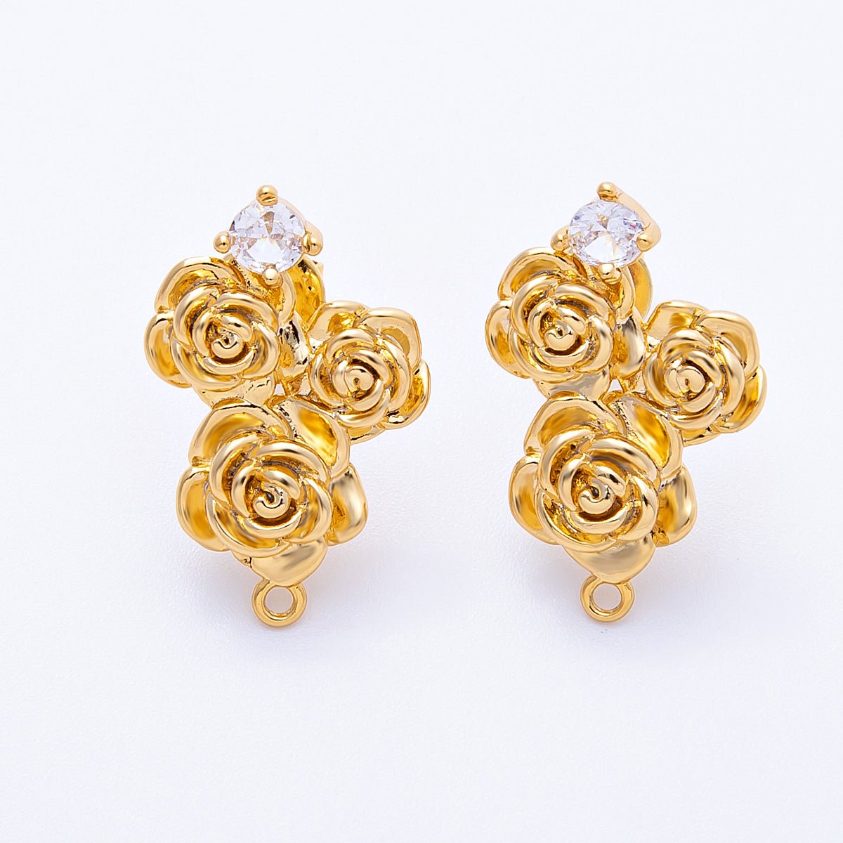 18K Gold Filled 24mm Clear CZ Rose Flower Loop Drop Stud Earring Findings | Findings-00075