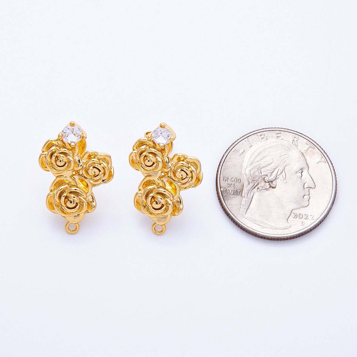 18K Gold Filled 24mm Clear CZ Rose Flower Loop Drop Stud Earring Findings | Findings-00075