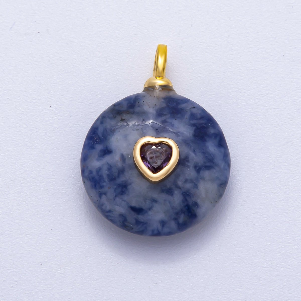 18K Gold Filled 24mm Heart CZ Embedded Natural Gemstone Round Pendant | Charms-00533 ~ Charms-00537