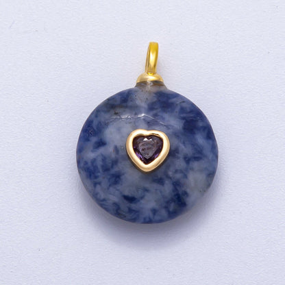 18K Gold Filled 24mm Heart CZ Embedded Natural Gemstone Round Pendant | Charms-00533 ~ Charms-00537