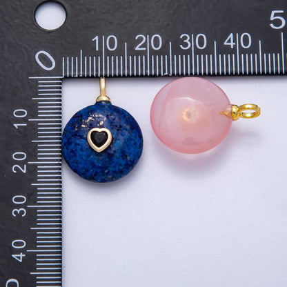 18K Gold Filled 24mm Heart CZ Embedded Natural Gemstone Round Pendant | Charms-00533 ~ Charms-00537