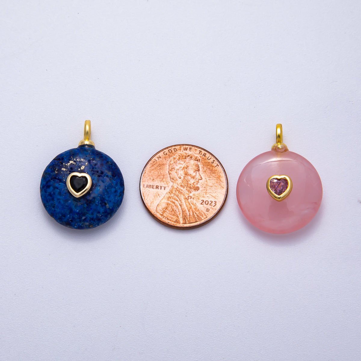 18K Gold Filled 24mm Heart CZ Embedded Natural Gemstone Round Pendant | Charms-00533 ~ Charms-00537