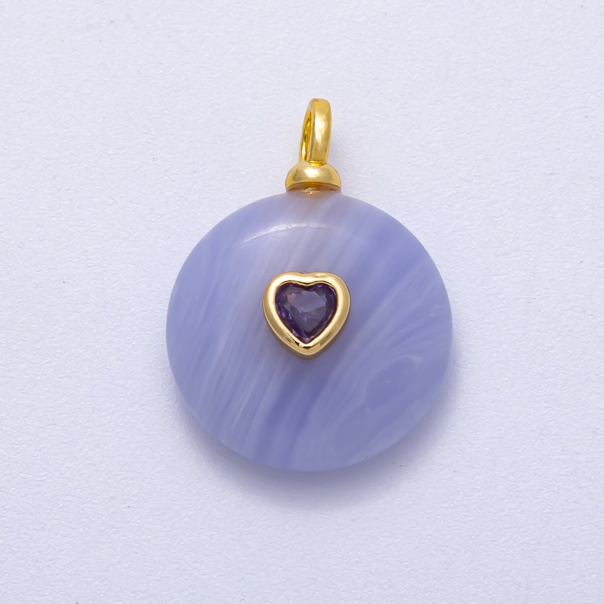 18K Gold Filled 24mm Heart CZ Embedded Natural Gemstone Round Pendant | Charms-00533 ~ Charms-00537