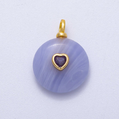 18K Gold Filled 24mm Heart CZ Embedded Natural Gemstone Round Pendant | Charms-00533 ~ Charms-00537