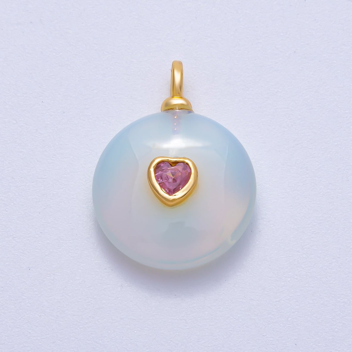 18K Gold Filled 24mm Heart CZ Embedded Natural Gemstone Round Pendant | Charms-00533 ~ Charms-00537