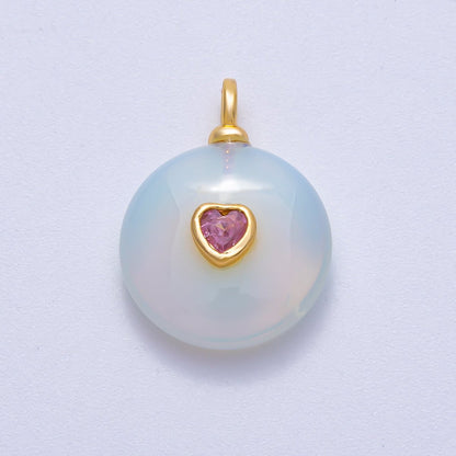 18K Gold Filled 24mm Heart CZ Embedded Natural Gemstone Round Pendant | Charms-00533 ~ Charms-00537