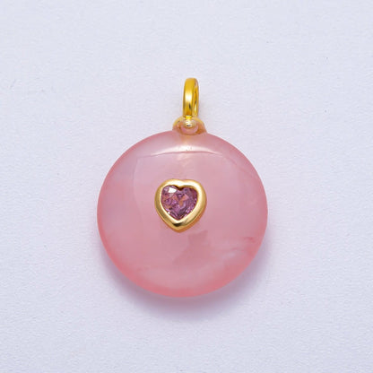 18K Gold Filled 24mm Heart CZ Embedded Natural Gemstone Round Pendant | Charms-00533 ~ Charms-00537