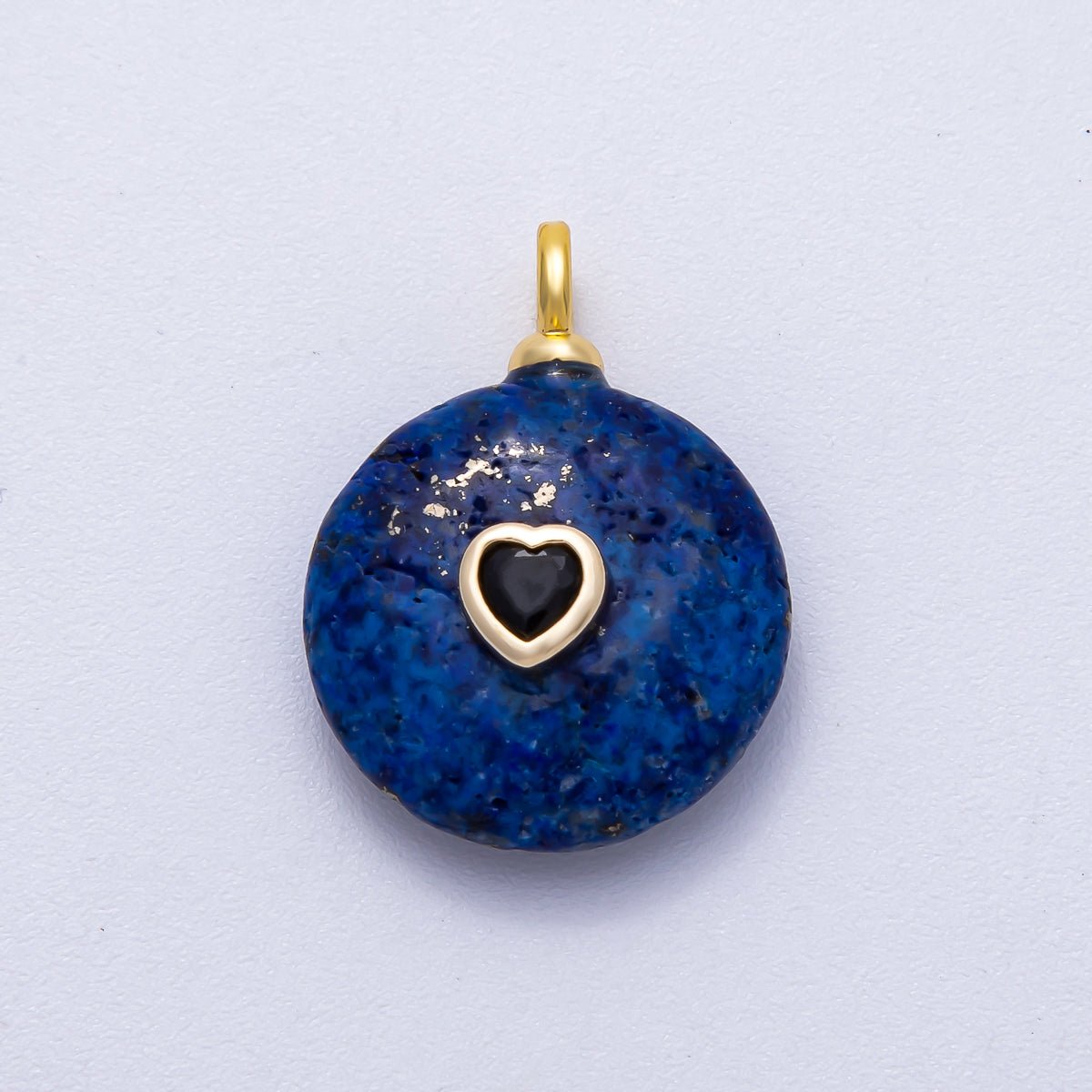 18K Gold Filled 24mm Heart CZ Embedded Natural Gemstone Round Pendant | Charms-00533 ~ Charms-00537