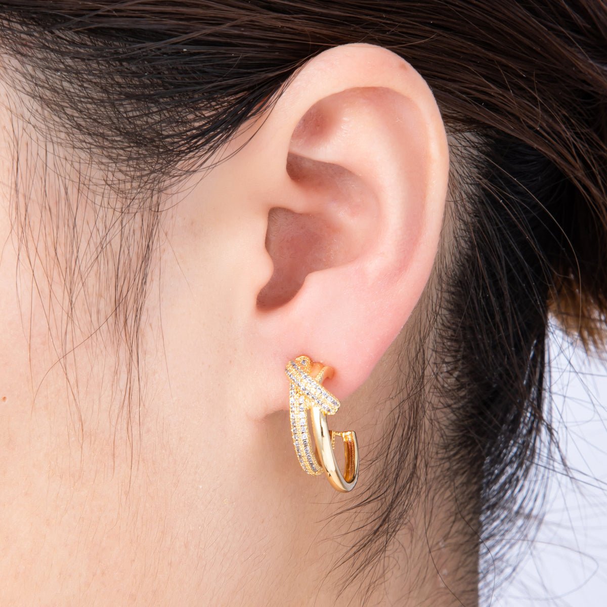 18K Gold Filled 24mm Micro Paved CZ Knot C-Shaped Hoop Set | Earrings-00193