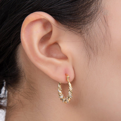 18K Gold Filled 24mm Micro Paved CZ Twisted Croissant Latch Hoop Earrings | AI359