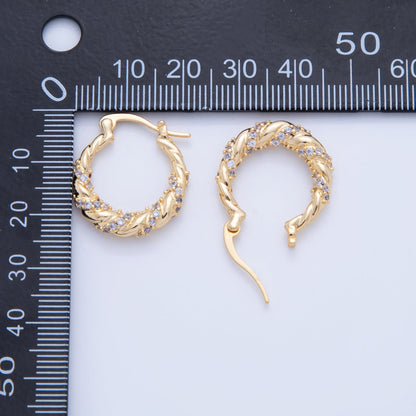 18K Gold Filled 24mm Micro Paved CZ Twisted Croissant Latch Hoop Earrings | AI359