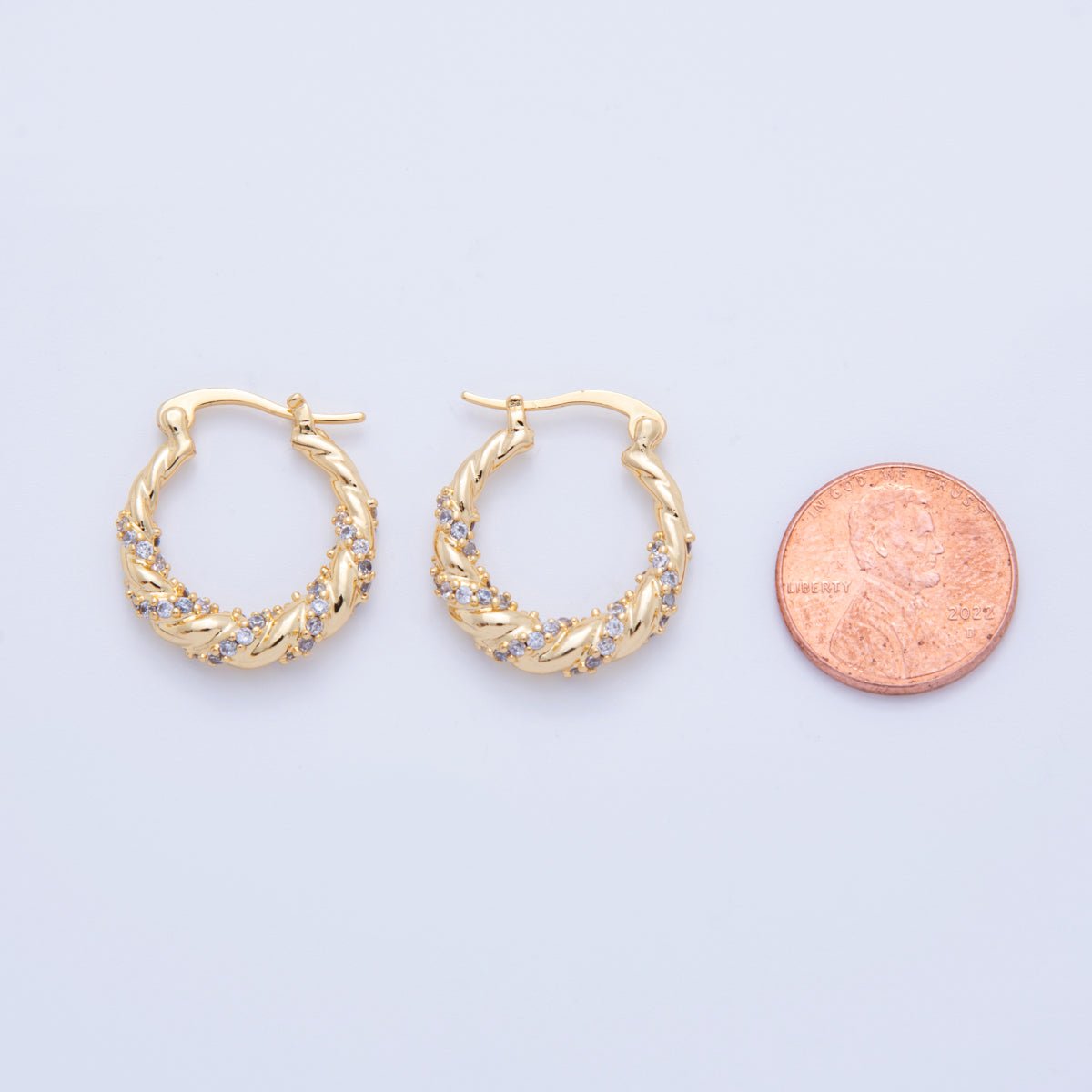 18K Gold Filled 24mm Micro Paved CZ Twisted Croissant Latch Hoop Earrings | AI359