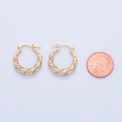 18K Gold Filled 24mm Micro Paved CZ Twisted Croissant Latch Hoop Earrings | AI359