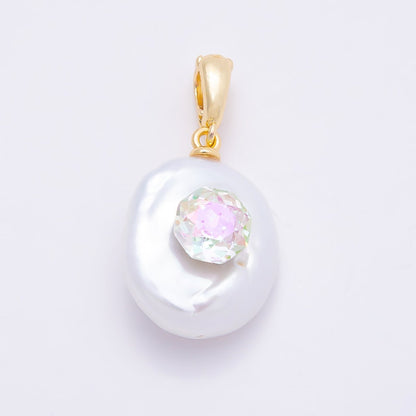 18K Gold Filled 24mm Round, Hexagon CZ Baroque White Freshwater Pearl Pendant | Charms-00941 Charms-00942