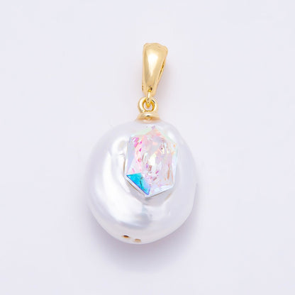 18K Gold Filled 24mm Round, Hexagon CZ Baroque White Freshwater Pearl Pendant | Charms-00941 Charms-00942
