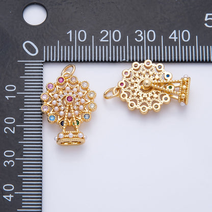 18K Gold Filled 25.5mm Multicolor CZ Shell Pearl Theme Park Ferris Wheel Pendant | AF1397