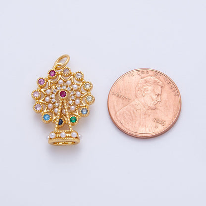 18K Gold Filled 25.5mm Multicolor CZ Shell Pearl Theme Park Ferris Wheel Pendant | AF1397