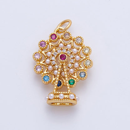 18K Gold Filled 25.5mm Multicolor CZ Shell Pearl Theme Park Ferris Wheel Pendant | AF1397