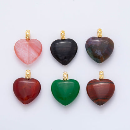 18K Gold Filled 25mm Carnelian, Agate, &amp; Jade Gemstone Puffy Heart Shaped Charm | C766 C834 C846