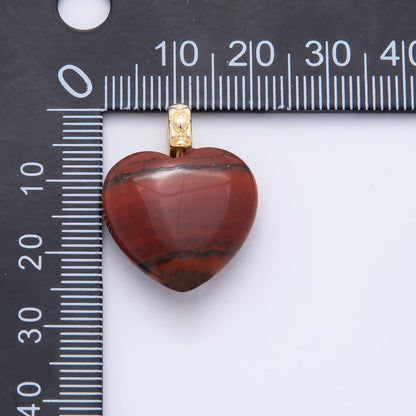18K Gold Filled 25mm Carnelian, Agate, &amp; Jade Gemstone Puffy Heart Shaped Charm | C766 C834 C846