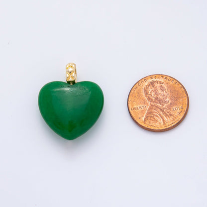 18K Gold Filled 25mm Carnelian, Agate, &amp; Jade Gemstone Puffy Heart Shaped Charm | C766 C834 C846