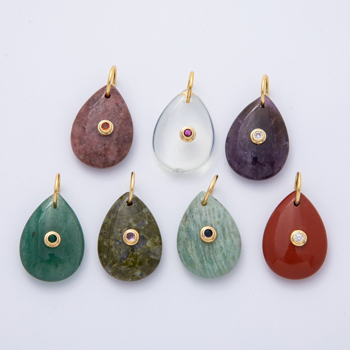 18K Gold Filled 25mm CZ Embedded Natural Gemstone Teardrop Charm | AK109 - AK112