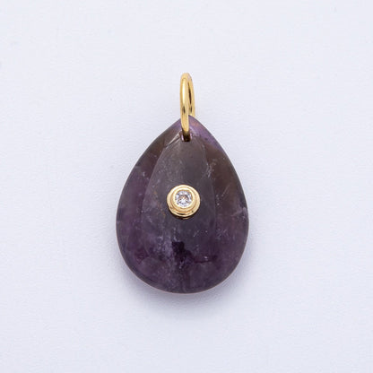 18K Gold Filled 25mm CZ Embedded Natural Gemstone Teardrop Charm | AK109 - AK112