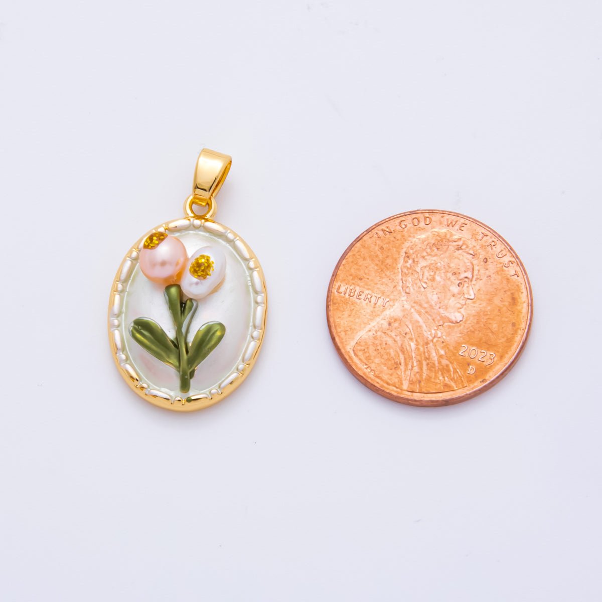 18K Gold Filled 25mm Enamel Art Shell Pearl Blooming Flower Pendant | AH-812