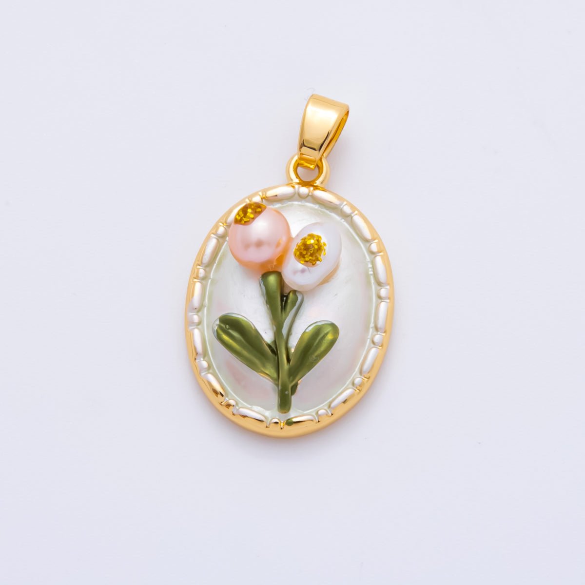 18K Gold Filled 25mm Enamel Art Shell Pearl Blooming Flower Pendant | AH-812