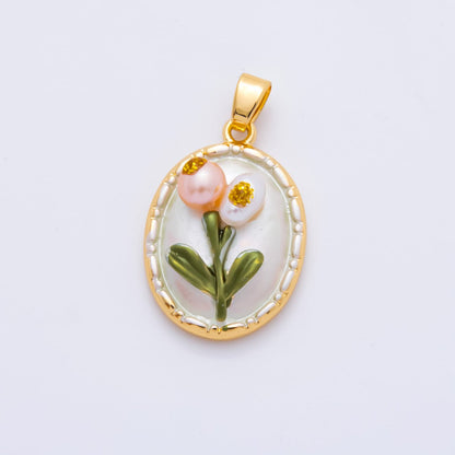 18K Gold Filled 25mm Enamel Art Shell Pearl Blooming Flower Pendant | AH-812