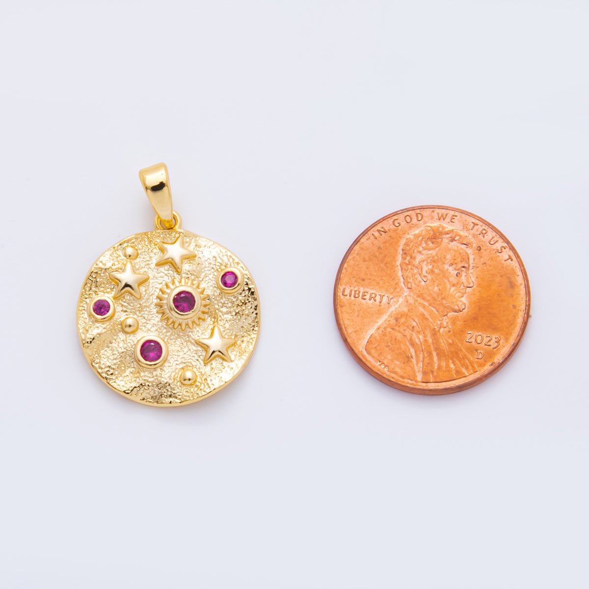 18K Gold Filled 25mm Fuchsia CZ Celestial Star Textured Foil Round Charm | AH816