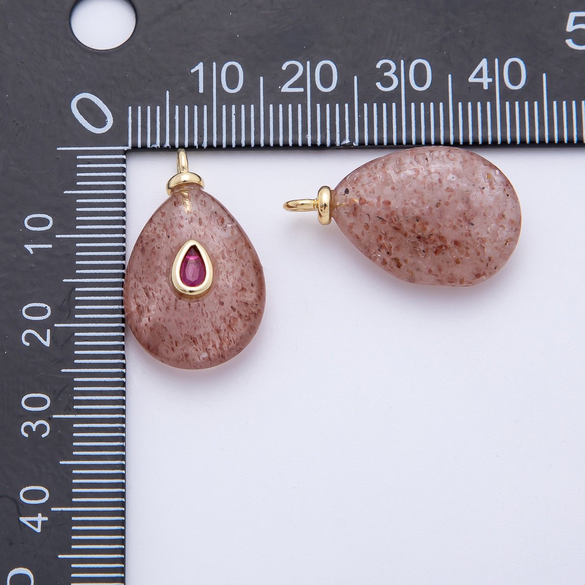 18K Gold Filled 25mm Fuchsia CZ Teardrop Embedded Pink Quartz Gemstone  Charm | AF1324