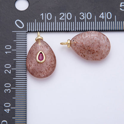 18K Gold Filled 25mm Fuchsia CZ Teardrop Embedded Pink Quartz Gemstone  Charm | AF1324