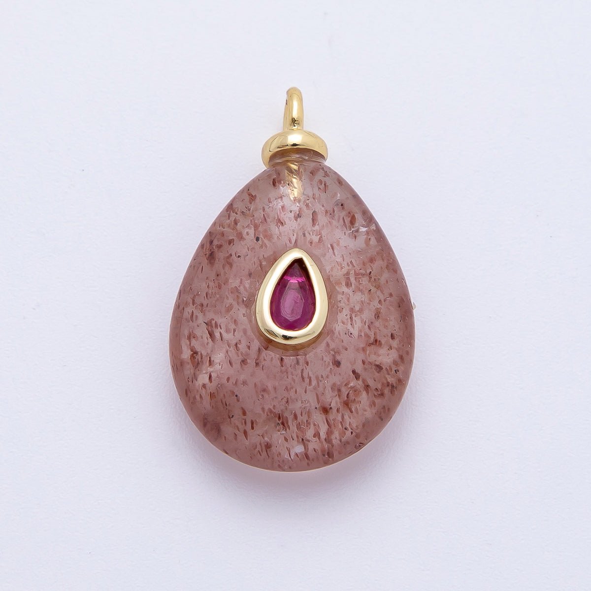 18K Gold Filled 25mm Fuchsia CZ Teardrop Embedded Pink Quartz Gemstone  Charm | AF1324