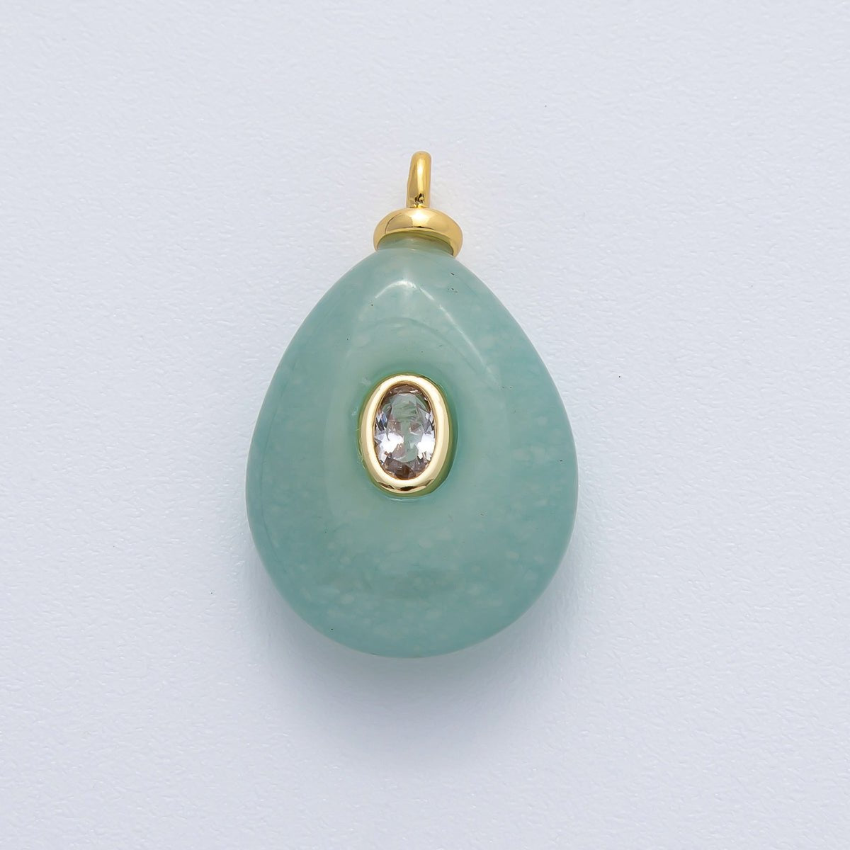 18K Gold Filled 25mm Clear CZ Oval Green Aventurine Teardrop Gemstone Charm | AF1447