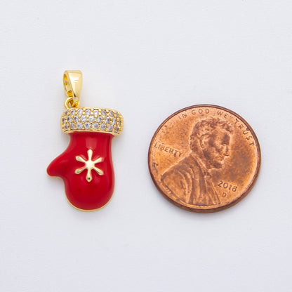 18K Gold Filled 25mm Micro Paved CZ Enamel Red Glove Christmas Mitten Pendant | AF-A1136
