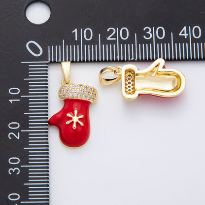 18K Gold Filled 25mm Micro Paved CZ Enamel Red Glove Christmas Mitten Pendant | AF-A1136