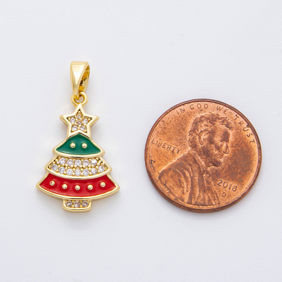 18K Gold Filled 25mm Micro Paved CZ Enamel Red &amp; Green Christmas Tree Pendant | AF-A1139
