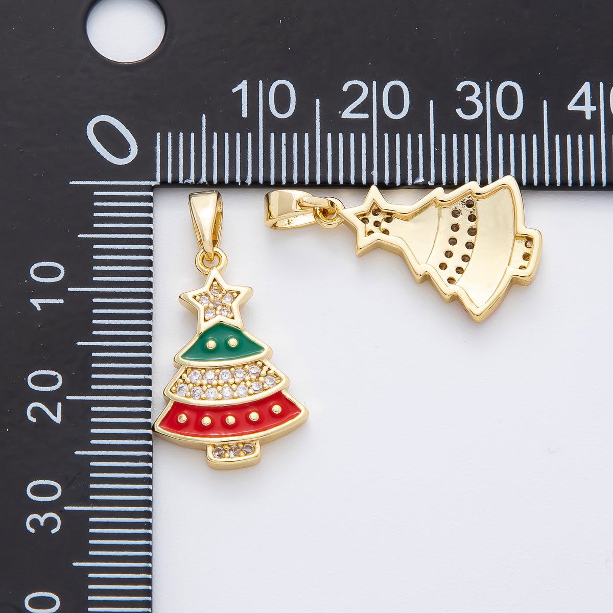 18K Gold Filled 25mm Micro Paved CZ Enamel Red &amp; Green Christmas Tree Pendant | AF-A1139