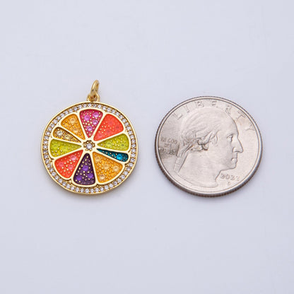 18K Gold Filled 25mm Micro Paved CZ Multicolor Citrus Lemon Slice Fruit Round Charm | Charms-00138