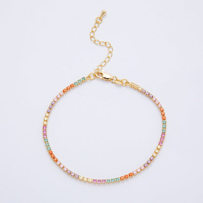 18K Gold Filled 2.5mm Multicolor CZ Tennis Chain 8 Inch Bracelet w. Extender | WA-04198