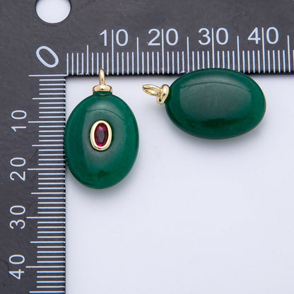 18K Gold Filled 25mm Red CZ Embedded Green Aventurine Oval Gemstone Charm | AF1325