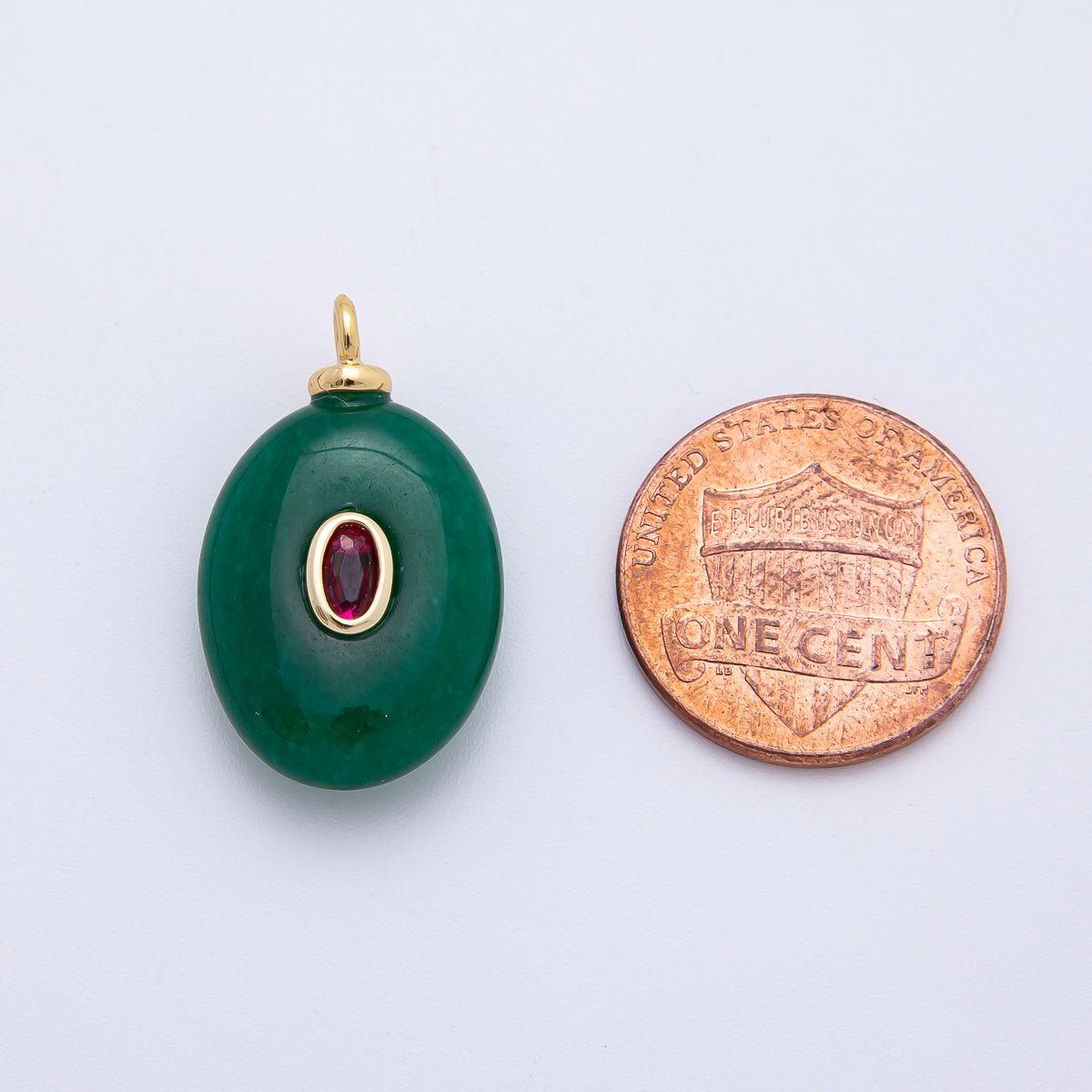 18K Gold Filled 25mm Red CZ Embedded Green Aventurine Oval Gemstone Charm | AF1325