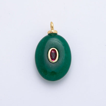 18K Gold Filled 25mm Red CZ Embedded Green Aventurine Oval Gemstone Charm | AF1325