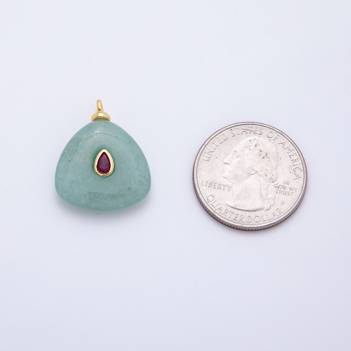 18K Gold Filled 25mm Red CZ Teardrop Green Aventurine Triangle Gemstone Charm | AF1330