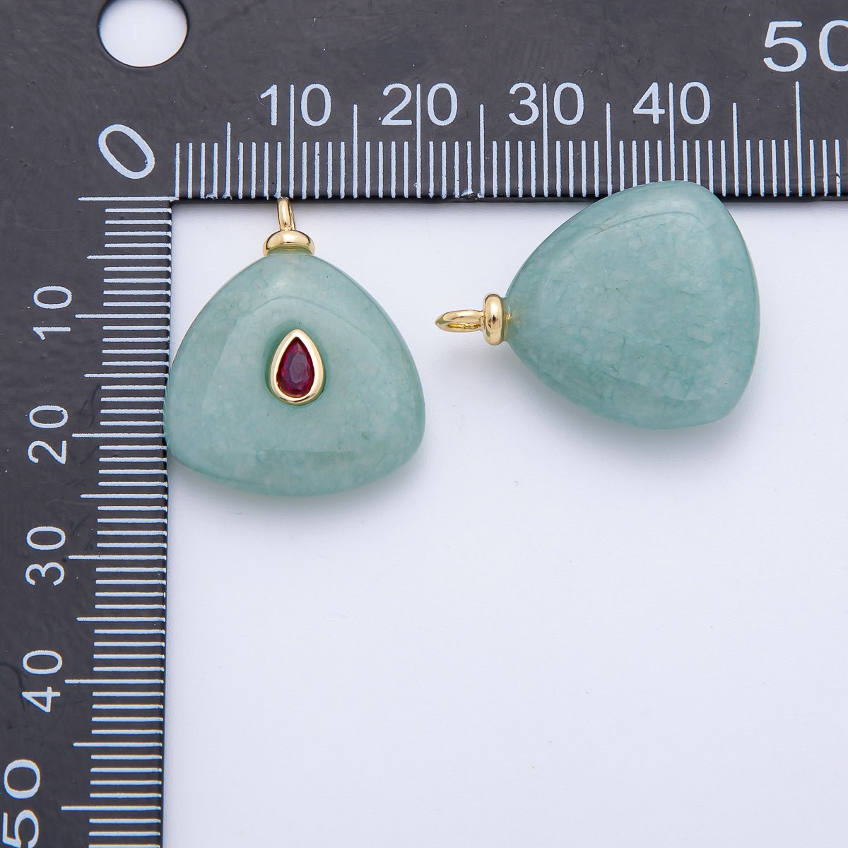 18K Gold Filled 25mm Red CZ Teardrop Green Aventurine Triangle Gemstone Charm | AF1330