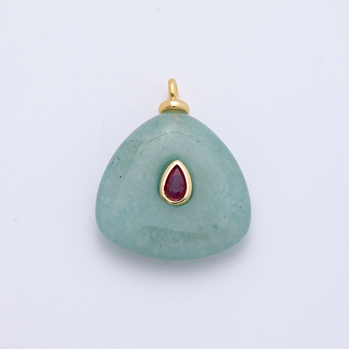 18K Gold Filled 25mm Red CZ Teardrop Green Aventurine Triangle Gemstone Charm | AF1330
